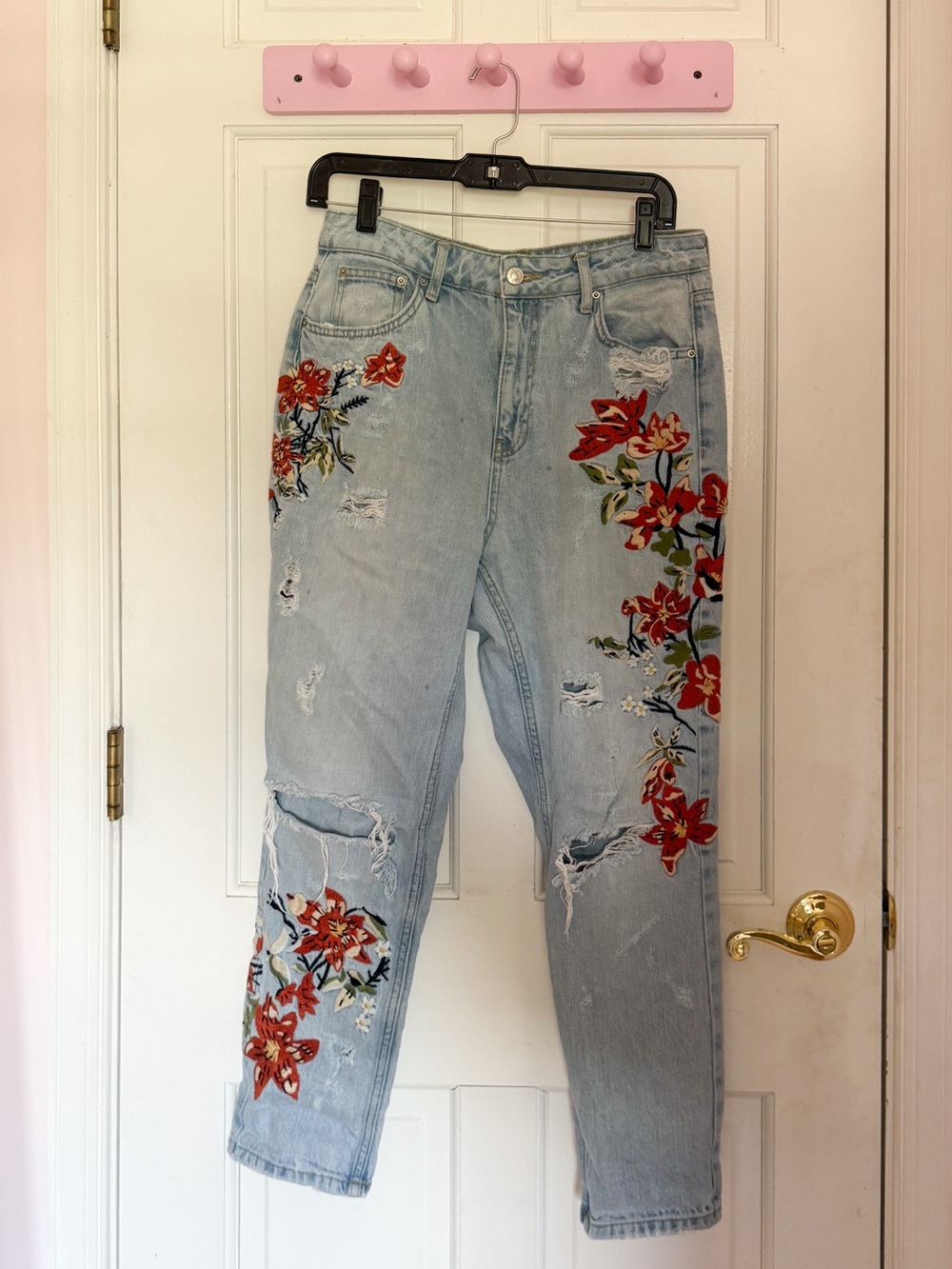 Topshop Light Blue Distressed Boyfriend Jeans with Red Floral Embroidery